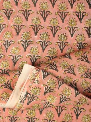 Coral Grey Yellow Hand Block Printed Cotton Fabric Per Meter - F001F2176