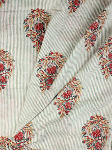 Off White Green Red Hand Block Printed Cotton Fabric Per Meter - F001F2359