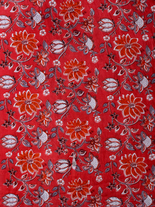 Red Grey White Hand Block Printed Cotton Fabric Per Meter - F001F1991