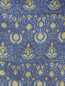 Indigo Yellow Green Kantha Embroidered Hand Block Printed Cotton Fabric - F004K1119