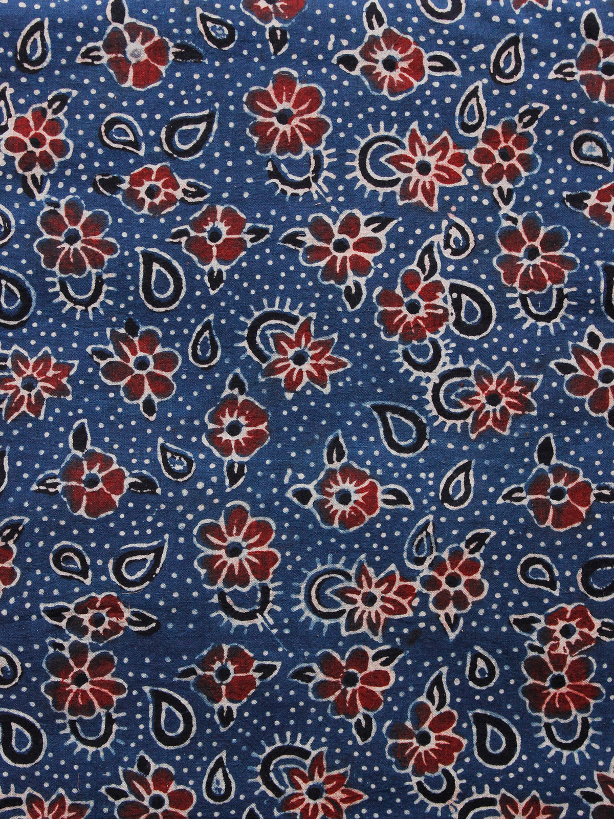Indigo Red Black Ivory Ajrakh Hand Block Printed Cotton Fabric Per Meter - F003F1576