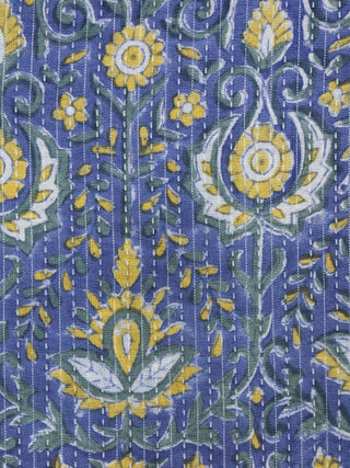 Indigo Yellow Green Kantha Embroidered Hand Block Printed Cotton Fabric - F004K1119