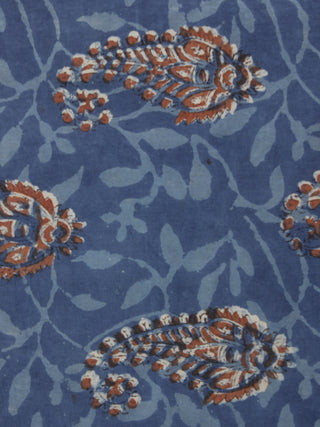 Indigo Brown Ivory Hand Block Printed Cotton Fabric Per Meter - F001F769