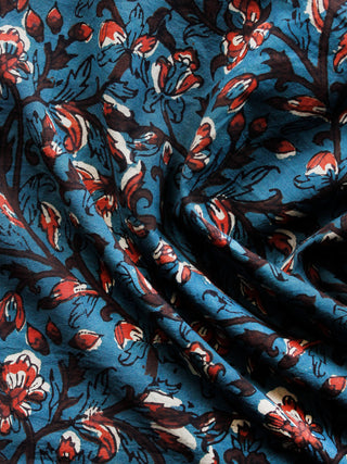 Blue Black Red Hand Block Printed Cotton Fabric Per Meter - F001F1332