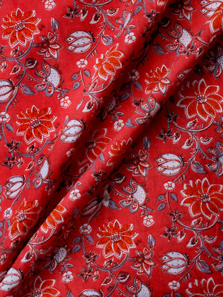 Red Grey White Hand Block Printed Cotton Fabric Per Meter - F001F1991