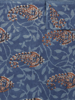 Indigo Brown Ivory Hand Block Printed Cotton Fabric Per Meter - F001F769