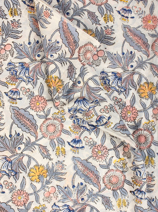 White Grey Peach Hand Block Printed Cotton Fabric Per Meter - F001F2160