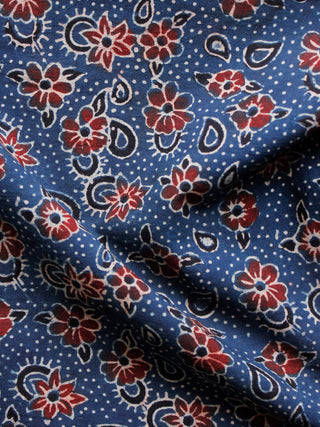 Indigo Red Black Ivory Ajrakh Hand Block Printed Cotton Fabric Per Meter - F003F1576