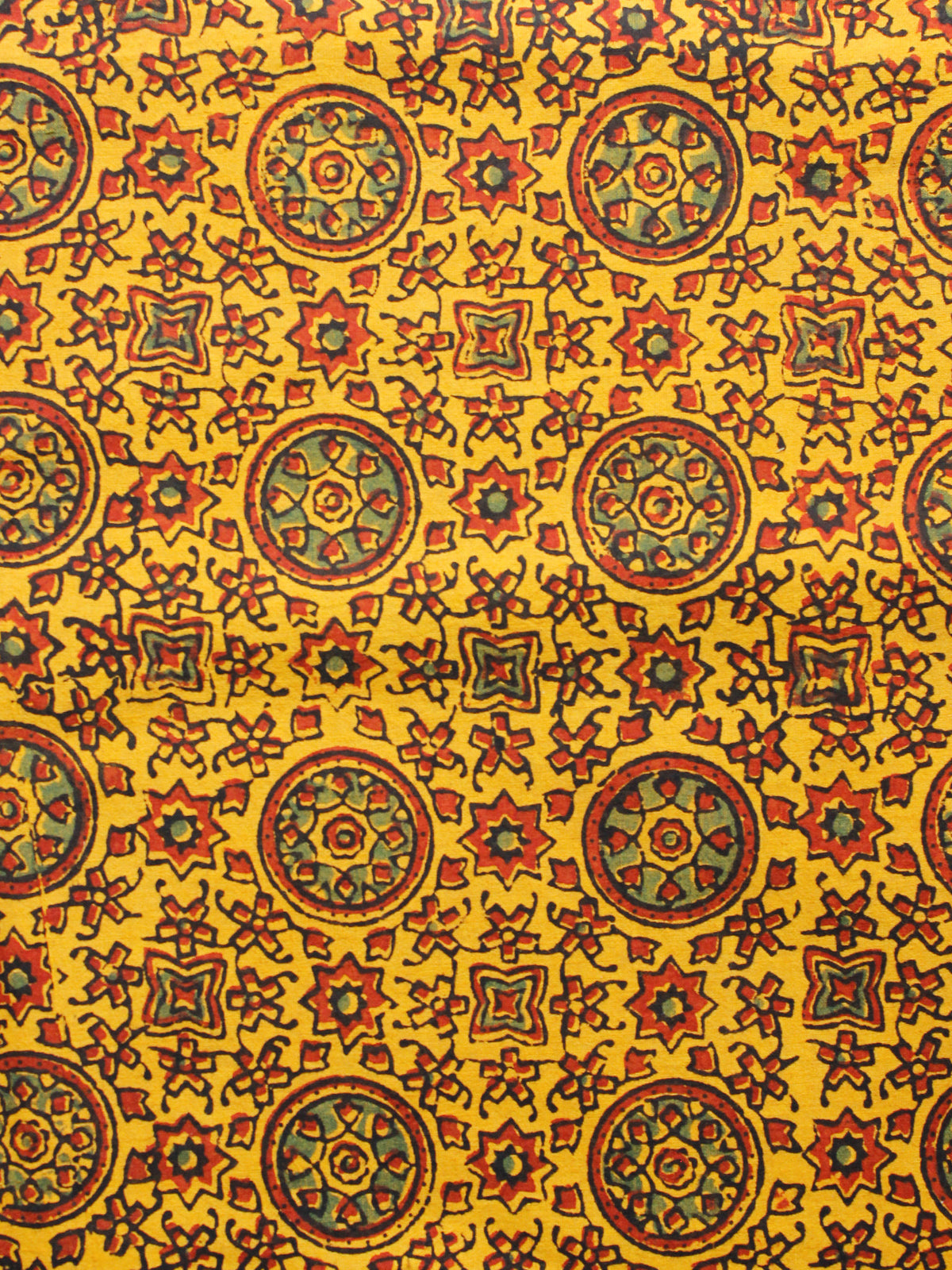 Yellow Rust Green Ajrakh Hand Block Printed Cotton Fabric Per Meter - F003F1594