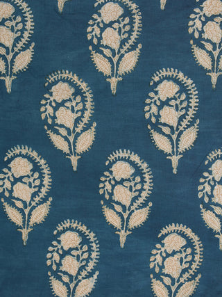 Indigo OffWhite Mustard Hand Block Printed Cotton Fabric Per Meter - F001F2457