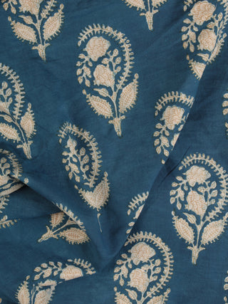 Indigo OffWhite Mustard Hand Block Printed Cotton Fabric Per Meter - F001F2457