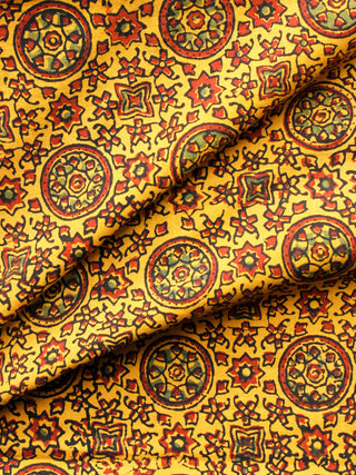 Yellow Rust Green Ajrakh Hand Block Printed Cotton Fabric Per Meter - F003F1594