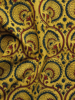 Mustard Brown Green Ajrakh Hand Block Printed Cotton Blouse Fabric - BPA020