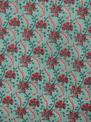 Light Green Red Pink Hand Block Printed Cotton Fabric Per Meter - F001F2013