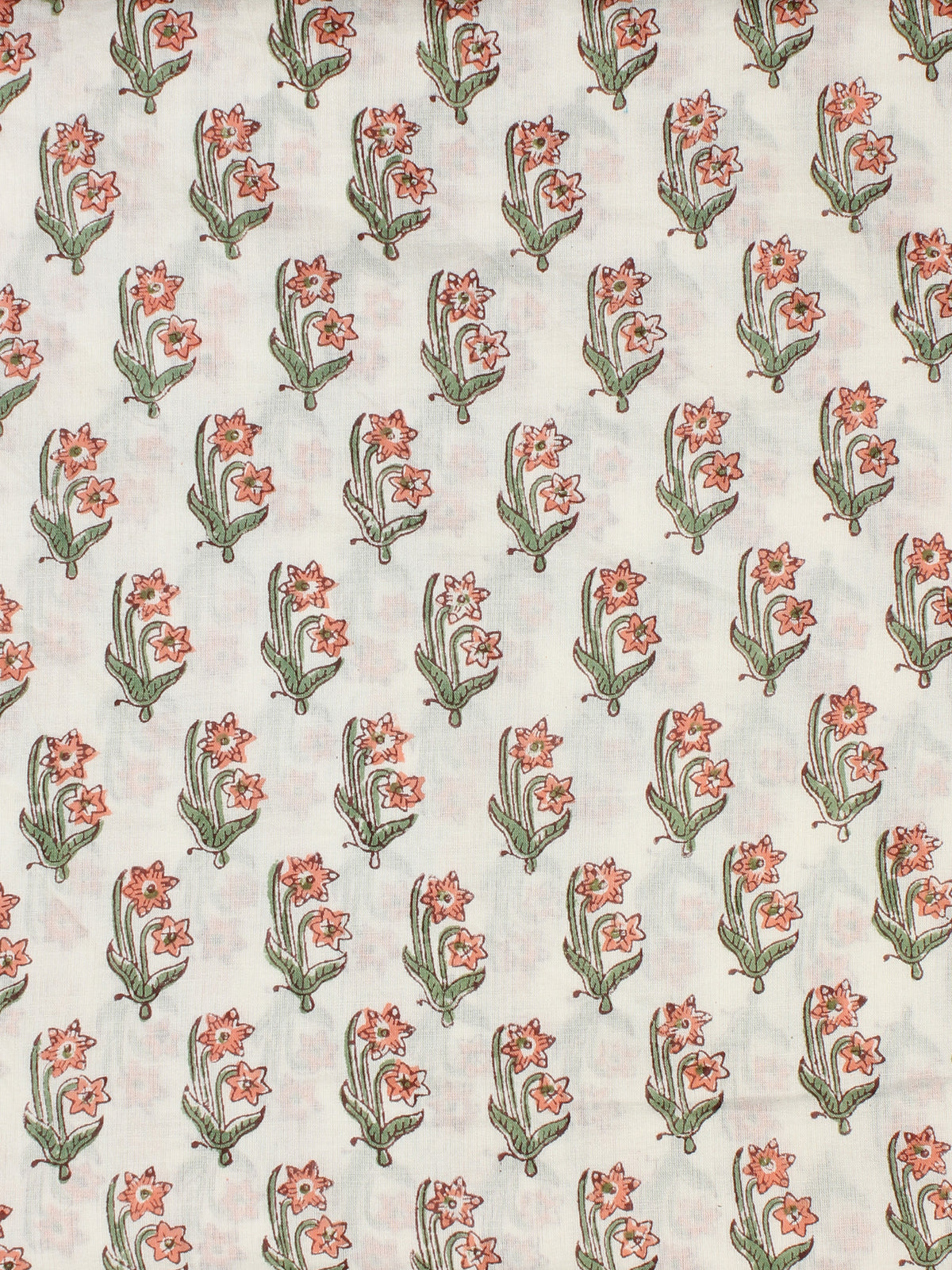 White Green Coral Hand Block Printed Cotton Fabric Per Meter - F001F2314