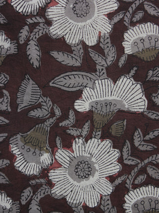 Reddish Brown Ivory Grey  Hand Block Printed Cotton Fabric Per Meter - F001F1136