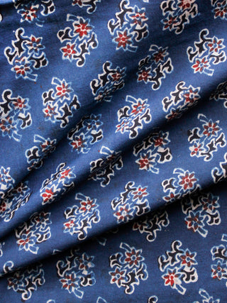 Indigo Black Rust Ivory Ajrakh Hand Block Printed Cotton Fabric Per Meter - F003F1595