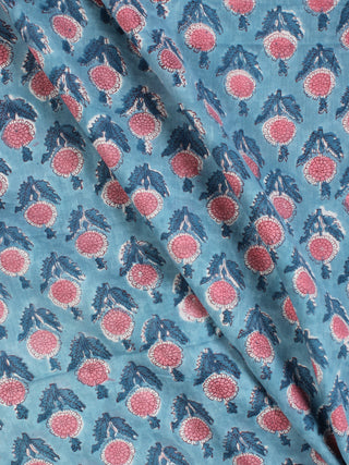 Blue Pink White Hand Block Printed Cotton Fabric Per Meter - F001F2223