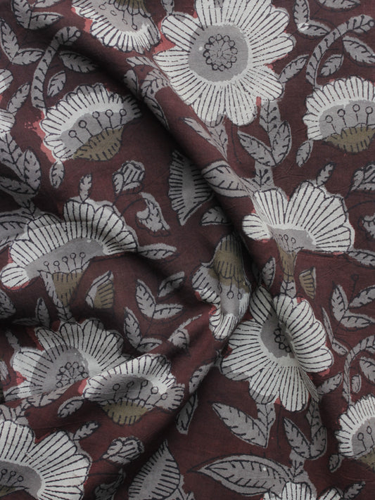 Reddish Brown Ivory Grey  Hand Block Printed Cotton Fabric Per Meter - F001F1136