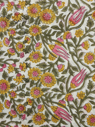 Ivory Green Mustard Pink Hand Block Printed Cotton Fabric Per Meter - F001F1068