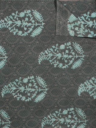 Teal Blue Ivory Grey Hand Block Printed Cotton Fabric Per Meter - F001F789