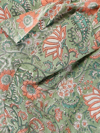 Green Coral Hand Block Printed Cotton Fabric Per Meter - F001F2315