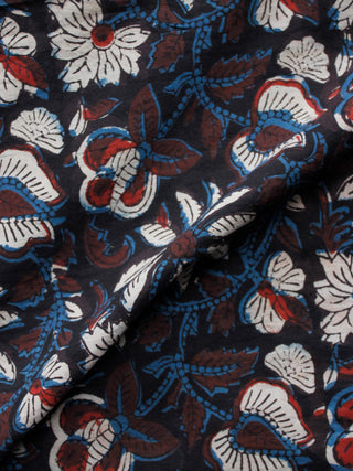 Black Brown Indigo White Hand Block Printed Cotton Fabric Per Meter - F001F1352