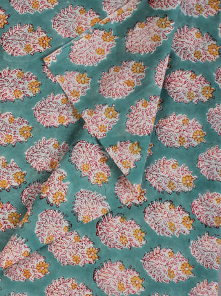 Green White Red Hand Block Printed Cotton Fabric Per Meter - F001F2147