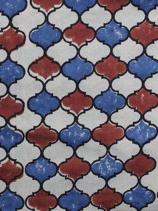 Ivory Red Blue Ajrakh Printed Cotton Fabric Per Meter - F003F1179