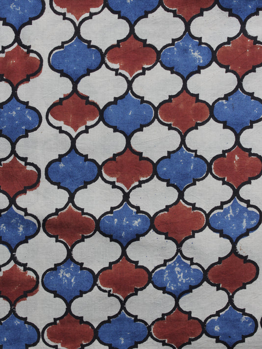 Ivory Red Blue Ajrakh Printed Cotton Fabric Per Meter - F003F1179