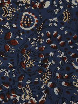 Meters Indigo Maroon Gold Painted Hand Block Printed Cotton Fabric - F0916175