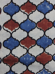 Ivory Red Blue Ajrakh Printed Cotton Fabric Per Meter - F003F1179