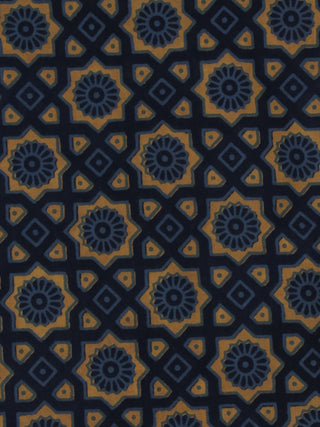 Indigo Blue Yellow Ajrakh Printed Cotton Fabric Per Meter - F0916695