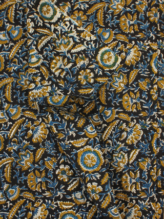 Black Mustard Indigo Ivory Hand Block Printed Cotton Fabric Per Meter - F001F2261