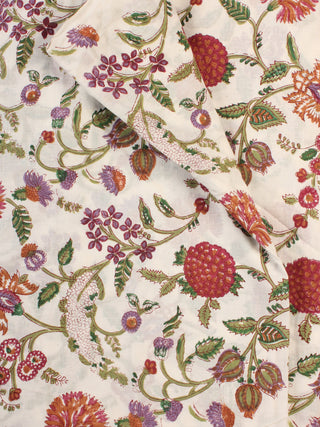 White Green Red Hand Block Printed Cotton Fabric Per Meter - F001F2180
