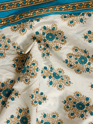 White mustard green Hand Block Printed Cotton Fabric Per Meter - F001F1889