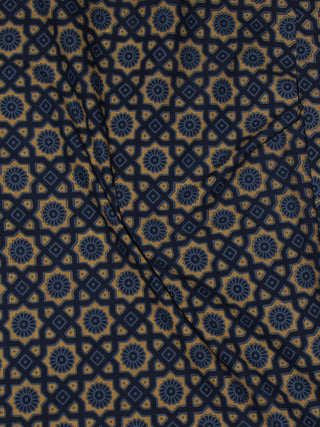 Indigo Blue Yellow Ajrakh Printed Cotton Fabric Per Meter - F0916695