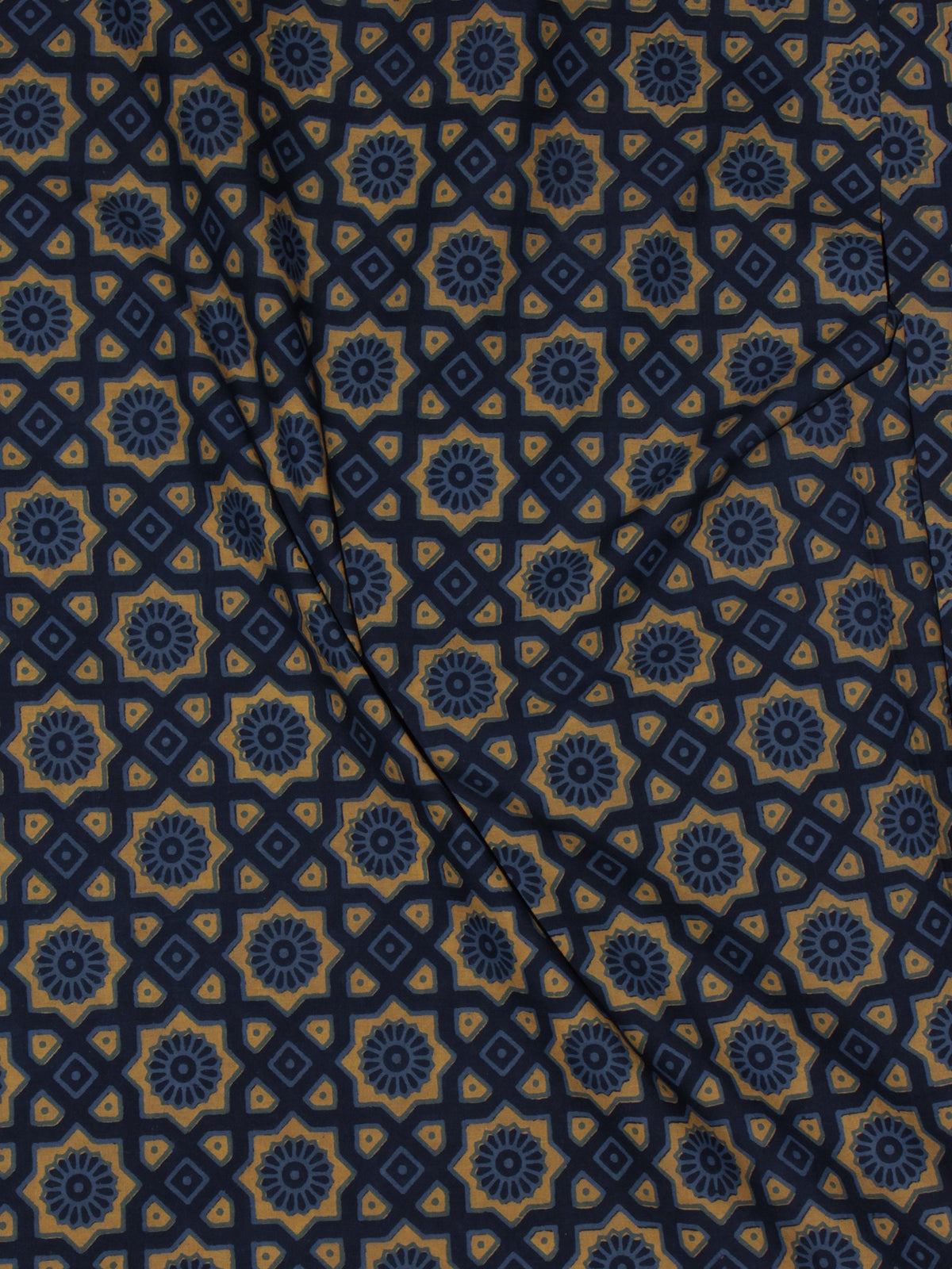 Indigo Blue Yellow Ajrakh Printed Cotton Fabric Per Meter - F0916695