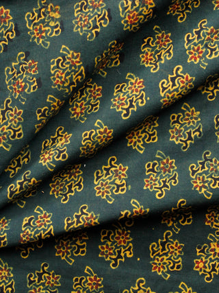 Green Mustard Black Red Ajrakh Hand Block Printed Cotton Fabric Per Meter - F003F1598