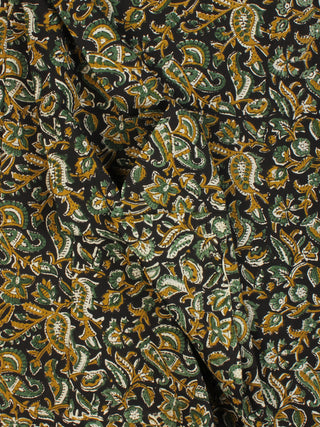 Black Mustard Green Hand Block Printed Cotton Fabric Per Meter - F001F2262