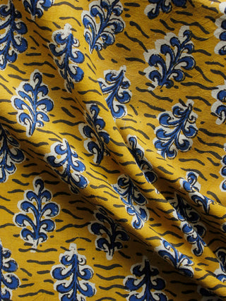 Mustard Indigo Black Ivory Hand Block Printed Cotton Fabric Per Meter - F001F1354