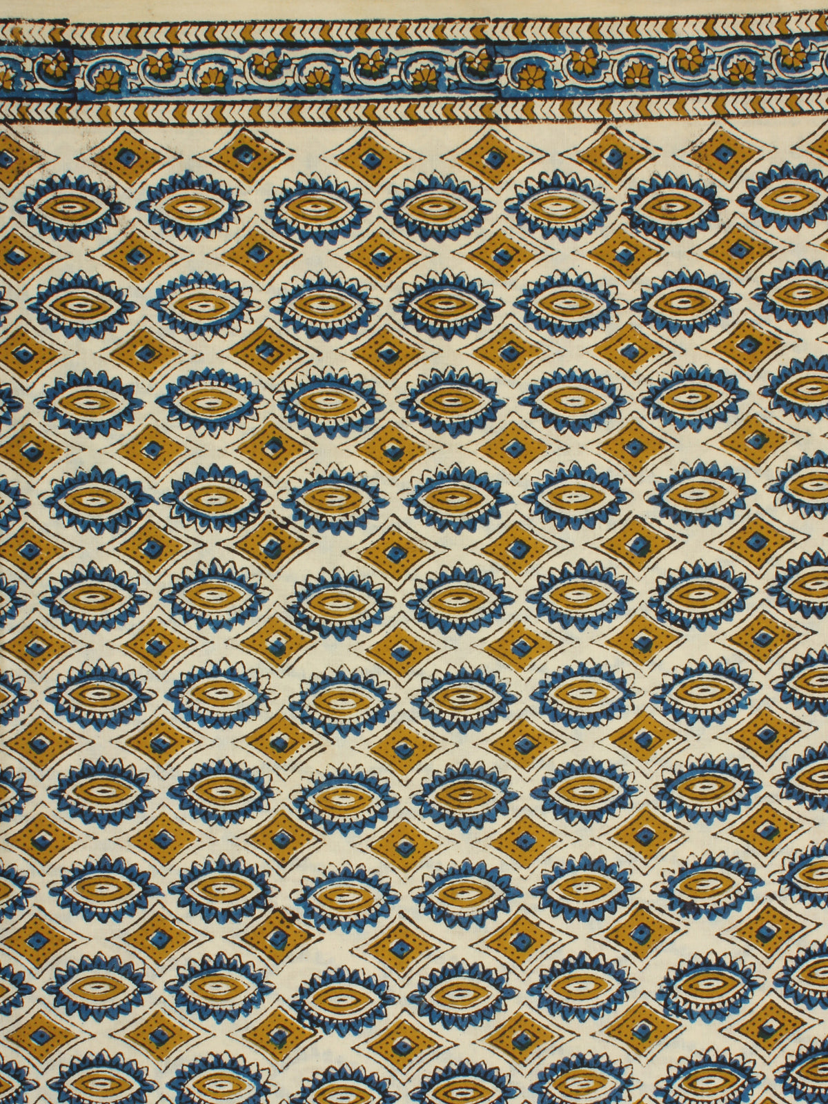 Ivory Mustard Indigo Hand Block Printed Cotton Fabric Per Meter - F001F2263