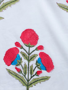 White Coral Blue Green Hand Block Printed Cotton Fabric Per Meter - F001F1503