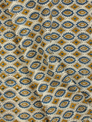 Ivory Mustard Indigo Hand Block Printed Cotton Fabric Per Meter - F001F2263