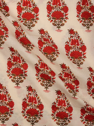 Ivory Red Green Hand Block Printed Cotton Fabric Per Meter - F001F2016
