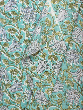 Green Grey White Hand Block Printed Cotton Fabric Per Meter - F001F2227