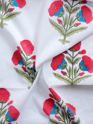 White Coral Blue Green Hand Block Printed Cotton Fabric Per Meter - F001F1503