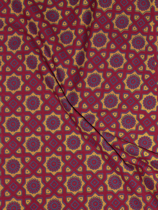 Maroon Yellow Blue Ajrakh Printed Cotton Fabric Per Meter - F0916697