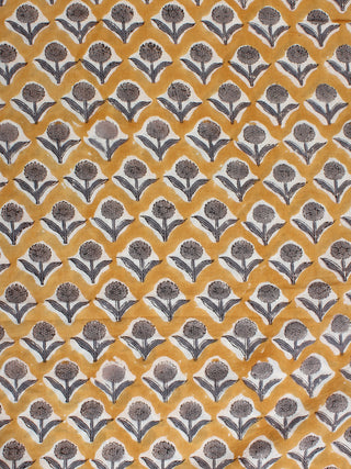 Mustard Grey Hand Block Printed Cotton Fabric Per Meter - F001F2264