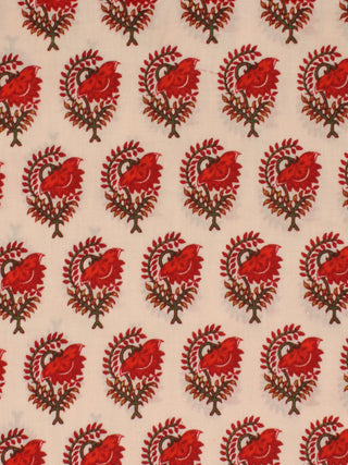Ivory Red Green Hand Block Printed Cotton Fabric Per Meter - F001F2017